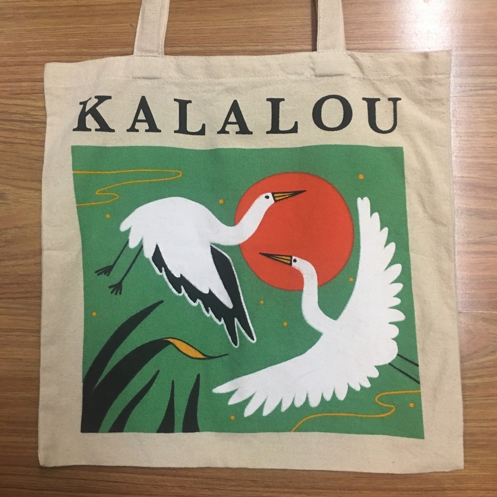 Kalalou white Cranes birds orange sun canvas tote bag